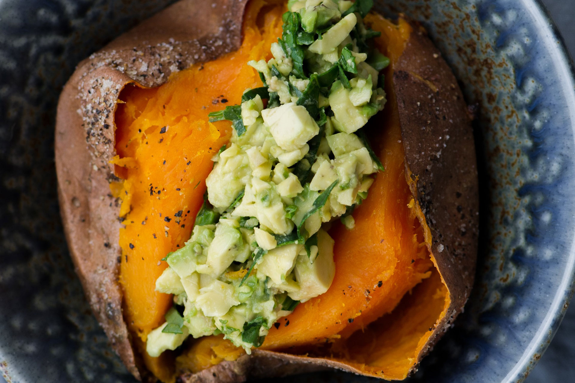 Baked Sweet Potato With Avocado Salad