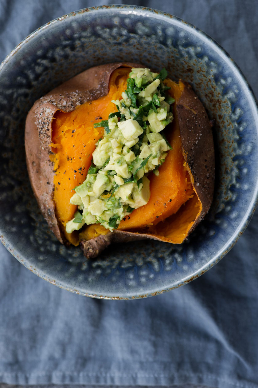 Baked Sweet Potato With Avocado Salad